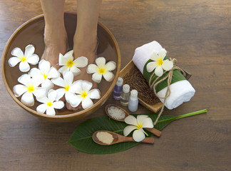 Fototapeta na wymiar Spa treatment and product for female feet spa, Thailand. select focus 
