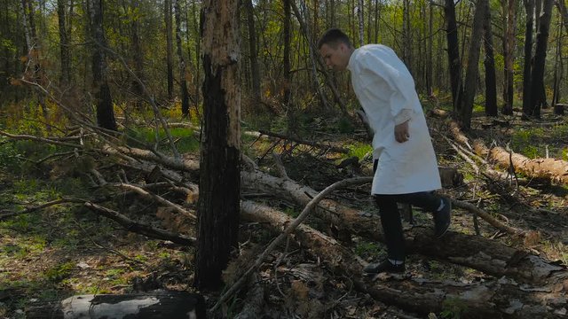 A guy walks around the felled trees