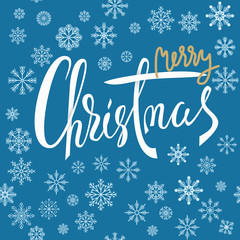 Merry Christmas white and gold lettering design with snowflakes on blue background. EPS10