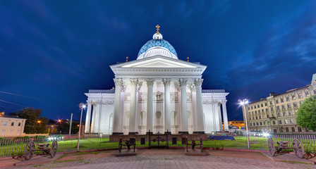 Night panoramic view of the Trinity Cathedral, the gate and the square near it, St. Petersburg, Russia.