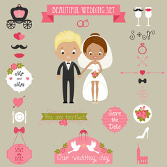 Cute couple and big wedding icons set