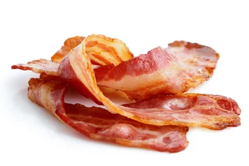 Poster Im Rahmen Three strips of fried crispy bacon isolated on white. © Moving Moment