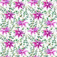 Fototapeta na wymiar floral seamless pattern with clematis flowers and eucalyptus branches.watercolor hand drawn illustration.white background.
