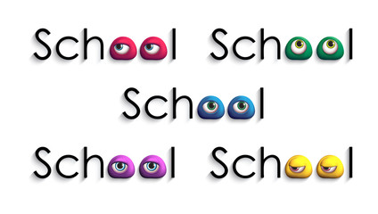 Welcome back to school. Funny header with colorful 3D eyes. Humorous design elements. Vector illustration.