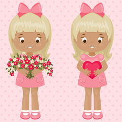 Valentine's Day vector illustration. Two pretty little girls wit