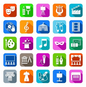Culture and art, icons, colored, flat. Vector icons with pictures of objects and subjects of culture and art. White figures on a colored background with a shadow. 