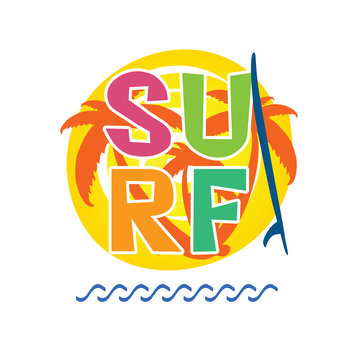 surf icon with surfboard illustration in colorful