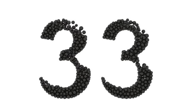 Decorative number 33 formed of densely packed small black balls on a white background for use as a design element