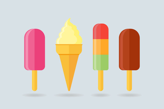 Set of ice cream cone, ice lolly isolated on blue background. Flat style vector illustration.