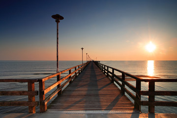 Long Wooden Pier on the Coast of the Baltic Sea at Sunrise, Usedom Island, Germany