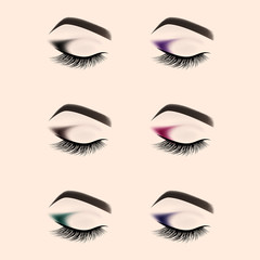 Set of eye makeup. Closed eye with long eyelashes. Vector illustration.