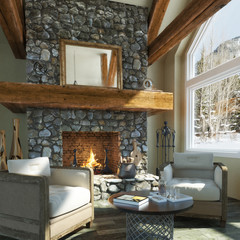 Luxurious open floor cabin interior design with roaring fireplace and winter scenic background....