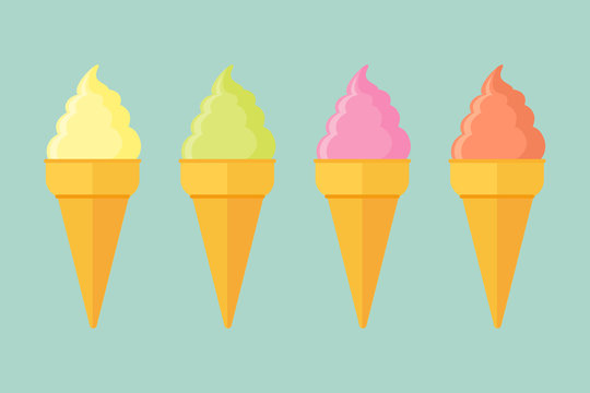Set of ice cream cones with different flavors. Flat style vector illustration.