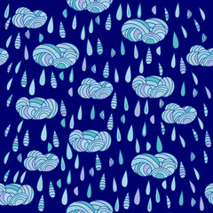 Autumn seamless pattern with decorative clouds and raindrops in blue colors.