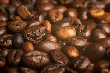 Coffee beans shot macro lens with a soft golden filter