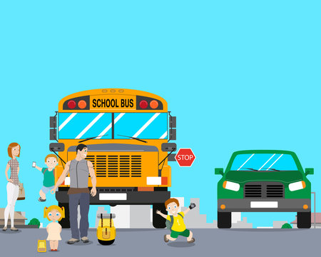 School bus arrived an excursion and the children after the landing began to play and run out into the roadway. Vector illustration