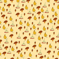 Hand drawn autumn background with different autumn leaves, seamless pattern design, colorful illustration.