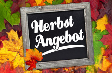 Herbstaktion, Herbstmarkt, Erntedank, Schild, Tafel, Herbstangebot, Holzhintergrund 
