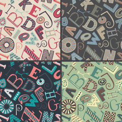 Set of four color variations seamless patterns with hand drawn fancy alphabet