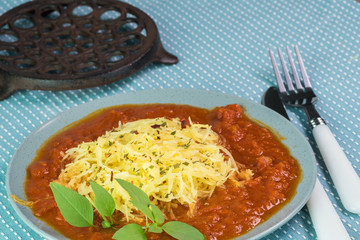Roasted  spaghetti squash with marinara sauce.