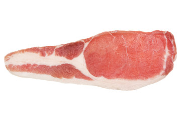 Raw bacon slice isolated on white. From above.