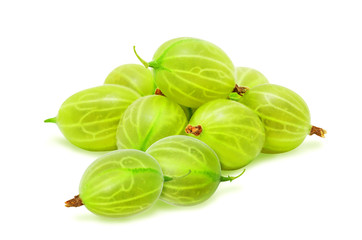 Heap of fresh ripe gooseberry berries without leaves isolated on white background. Design element for product label, catalog print, web use.