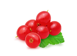 Heap of red currant with green leaf isolated on a white background. Design element for product label, catalog print, web use.