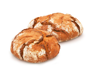 Two freshly baked loaves of traditional round rye bread isolated on white background. Design element for bakery product label, catalog print, web use.