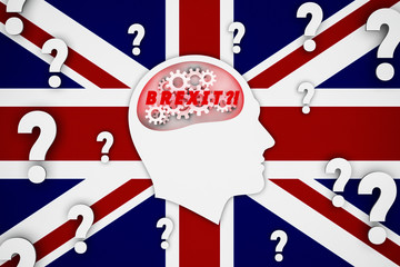 Obraz premium man thinking about brexit consequences, britain, england flag background