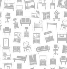 Fototapeta na wymiar Furniture for house, background, seamless, white.Vector flat background with images of upholstered and Cabinet furniture. Gray image on a white background. 