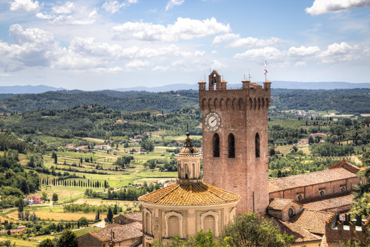 View over the impressive landscape in Tuscany with the cathedral of San Miniato in Italy
