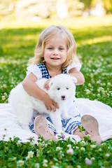 happy little girl playing with Samoyed puppy