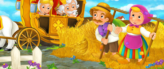 Cartoon scene with royal pair visiting farmers - illustration for children