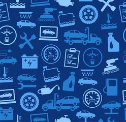 Repair and maintenance of vehicles, seamless background, blue, colored. Vector flat background with drawings of services an auto repair shop. Blue, bright image on a dark blue background. 