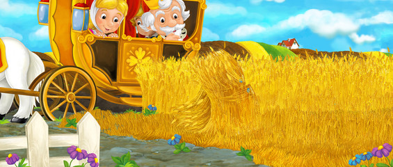 Obraz na płótnie Canvas Cartoon scene with royal pair driving through the pastures - illustration for children