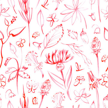 red wild flowers.floral seamless pattern with dandelion, cornflower,lily of the valley,clover,berry, acorn and insects.watercolor hand drawn illustration.white background.