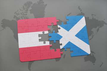 puzzle with the national flag of austria and scotland on a world map background.