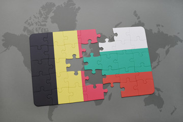 puzzle with the national flag of belgium and bulgaria on a world map background.