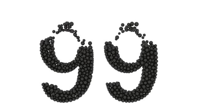 Small black balls forming the number 99 or ninety-nine in a decorative design font with random missing spheres at the top isolated on white