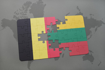 puzzle with the national flag of belgium and lithuania on a world map background.