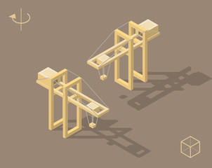 Set of Isolated Isometric Minimal City Elements. Crane with Shadows.