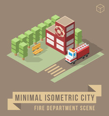 Fototapeta premium Set of Isolated Isometric Minimal City Elements. Fire Department Scene with Shadows.