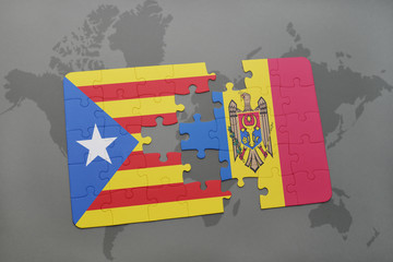 puzzle with the national flag of catalonia and moldova on a world map background.