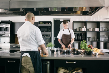 two men cooking in modern kitchen