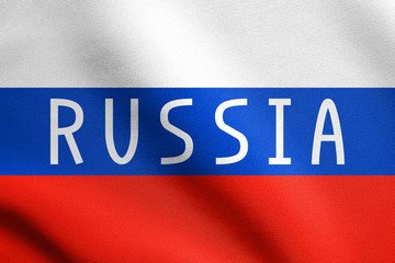 Russian flag and word Russia with fabric texture