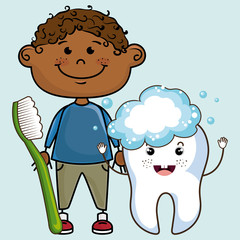 Fototapeta premium smiling cartoon child with toothbrush and big cartoon tooth, den