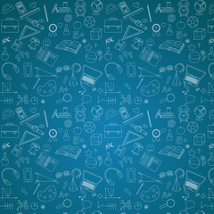School pattern on blue chalkboard background, vector illustration.