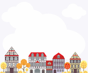 seamless pattern with the image of old town houses in half-timbered style , clouds and trees. autumn cityscape.