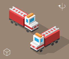 Set of Isolated Isometric Minimal City Elements. Fire Truck with Shadows.