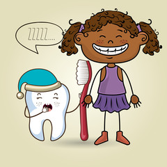cartoon girl holding toothbrush and a cartoon sleepy tooth